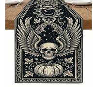 Camino de mesa gótico vintage, diseño de alas negras con calabazas y luna, decoración de otoño y comedor para fiestas de Acción de Gracias, vacaciones, 33 x 183 cm