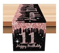 Camino de mesa Happy 11th Birthday 11 cumpleaños, decoración de cocina, mesa de comedor, decoración de mesa de cumpleaños, decoración para el hogar, color negro y oro rosa