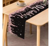 Camino de mesa Happy 70th Birthday 70 cumpleaños, decoración para mujer, decoración de cocina, mesa de comedor, cinta de mesa, fiesta de cumpleaños, mantel decorativo para el hogar, color negro y oro