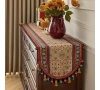Camino de mesa jacquard de lujo con borlas, tela decorativa retro de granja con elegantes flecos, suave y largo, dobladillo en forma de U para comedor, tocador, entrada, uso festivo (#1,40 x 220 cm)
