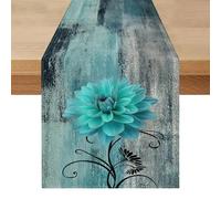 Camino de Mesa Moderno Verano Exteriores 40 x 140 Estilo Campestre Azul Verdoso Flores Dalias Retro Lavable Centro de Mesa Decorativo para Cocina Mesas de Comedor Fiesta Interior y Exterio