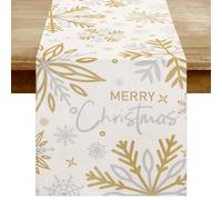 Camino de Mesa Navidad Beige 33x183 cm, con Copos de Nieve Dorados y Grises, Decoracion Navidad Mesa, Table Runner de Mesa Poliéster , para Comedor, Cómoda, Aparador, Mesa de Centro