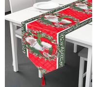 Camino de Mesa Navidad con Borlas, Santa Claus Corona Corredor Mesa Navideño Algodón Rojo, Adornos Navideños Largo para Mesa Navidad Comedor Cocina Restaurante Hotel, 12,6" x 74,8"