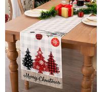Camino de Mesa Navideño Blanco Gris a Cuadros 40x140 cm, Moderno Camino de Mesa de Lino con Cuadrícula, Mantel Navideño, Decoración Cinta con Patrón de Nieve para Decoración Navideña Invierno