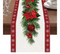 Camino de Mesa Navideño Rojo, Camino de Mesa Cártamo de Lino Navidad con Estampado de Campanas de Árbol de Navidad Flor Roja, Adornos Navideño Largo para Decoración Mesa de Cena Navidad (183x33cm)