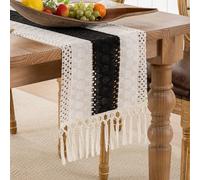 Camino de Mesa Negro Algodón Lino Invierno Estilo, Casa de Campo Camino Mesa Moderno Rústico Macramé Vintage Borla Lavable, para Fiesta Cocina Comedor 30x140cm