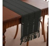 Camino de mesa negro para el hogar de 47 pulgadas de largo, tejido de color sólido con patrón geométrico y borlas, bufanda, tapete bordado jacquard de poliéster y algodón, decoración de mesa de cocina