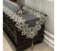 Camino de mesa ovalado de encaje de poliéster, bordado floral, diseño de borlas, mantel decorativo para mesa de comedor, armario o tocador, antideslizante y fácil de limpiar (40 x 200 cm A)