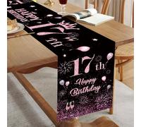 Camino de mesa para 17 cumpleaños, color negro y rosa, Happy 17th Birthday, camino de mesa para el 17º cumpleaños, niñas y mujeres, tu celebración, fiesta, cena, mesa de lino, mantel decorativo para