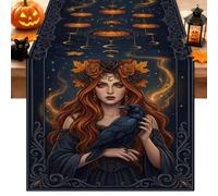 Camino de mesa para mujer, estilo gótico y místico con rosas de cuervo, Halloween, tela negra, lavable, para el hogar, cocina, habitación, decoración de vacaciones, 33 x 183 cm