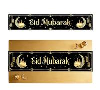 Camino de mesa para Ramadán y Eid, decoración con diseño de luna, estrellas y lámparas, tamaño 180x35 cm, color dorado y negro, ideal para cenas familiares y fiestas festivas