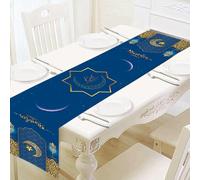 Camino de Mesa Ramadán Kareem Azul, Corredor Mesa Eid Mubarak Lino con Estampado Oro Estrella Luna Linterna, Adornos Islámica Musulmana Largo para Fiestas Casa Mesa Comedor Cocina Restaurante Hotel