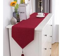 Camino de Mesa Red Blue Linen Table Runner with Decorative Tassels, Extra Wide and Long For Farmhouse Dining Table/TV Stand/Dresser(Red,40x180cm)
