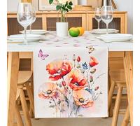 Camino de Mesa Rojizo Naranja Flores y Mariposas 183 x 33 cm - Lavable Table Runner para Centro de Mesa Decorativo Salon - Rustico Natural y Estilo Nórdico - Decoración para Bautizo, Comunión