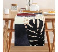 Camino de Mesa, Rojo Negro Azul Marino Hojas Plantas Tropicales Decoración de Mesa Boho Resistente al Calor Mantel de Lino de Algodón para Mesa de Comedor Fiesta Banquete Festivo Boda 33 x 183 cm