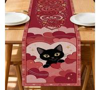 Camino de mesa romántico con diseño de gatos, diseño de corazones para decoración del hogar del día de San Valentín, perfecto para cenas familiares y reuniones de vacaciones, 33 x 183 cm