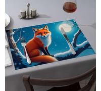 Camino de mesa Un zorro se sienta en una rama nevada bajo una luna llena. Manteles individuales de comedor para decoración del hogar (4 piezas)