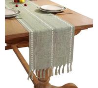 Camino de Mesa Verde Salvia con Borlas, 33x143 cm Mode Camino de Mesa Bohemio con Tejido Calado, Algodón y Lino, Estilo Rústico, Lavable, para Fiesta, Cumpleaños, Día de San Valentín, Boda, Decoración
