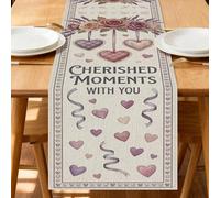 Camino de mesa vintage romántico con forma de corazón, con texto en inglés "Cherished Moments with You", para el hogar, cenas familiares, vacaciones, fiestas, decoración de 33 x 183 cm