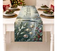 Camino de mesa Winter Serenity Holiday Quote Pine Branches, 33 x 228,6 cm | Pino cubierto de nieve, camino de mesa de consola, bayas de acebo, bolas navideñas, tema de paisaje de invierno