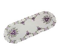 Camino/mantel para mesa, crema-blanco con bordado de flores pensamientos púrpura/violeta - Tamaño seleccionable, poliéster, 45 cm x 110 cm