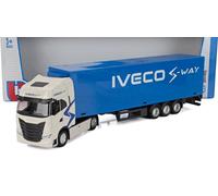 Bburago - Camión con Remolque IVECO S-Way 1:43, vehículo diecast Blanco y Azul, Modelo estático detallado con Remolque, Licencia Oficial IVECO, Edad Recomendada 3+ años