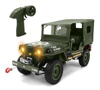 Camión de control remoto todoterreno - 4 x 4 1/10 escala Willys Army Rock Crawler RC Truck con cabrestante y cubierta de coche, 40 minutos de tiempo de juego todo terreno, vehículo militar juguetes