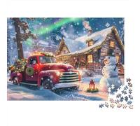 Camión de Navidad Nieve Paquete De Rompecabezas 1000 Piezas para Niños Y Adultos, Cartón Reciclado,Xmas Truck Village Scene Decoración Mural, Regalo Familia, Decoración De Fiesta 70x50cm/1000pcs