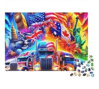 Camión Grande difícil Rompecabezas de 1000 Piezas para Adultos, Camiones con Bandera de EE.UU. en Collage de monumentos mundiales, Premium Resistente Vibrante, desafiante 70x50cm/1000pcs