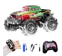 Camión monstruo anfibio teledirigido, 2,4 GHz, control dual con reloj y controlador, coche RC giratorio 360° con luces LED, color verde (verde)