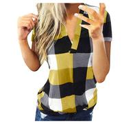 Camisa a cuadros de manga corta para mujer, informal, de algodón, para mujer, amarillo, XXL