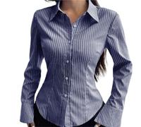 Camisa A Rayas Mujer Manga Larga Blusa de Manga Larga con Rayas clásico for Mujer, Camisas a un Solo Pecho Retazos, Tops Simples Retro Chic(Dark Blue,XL)
