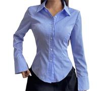 Camisa A Rayas Mujer Manga Larga Blusa de Manga Larga con Rayas clásico for Mujer, Camisas a un Solo Pecho Retazos, Tops Simples Retro Chic(Blue,S)