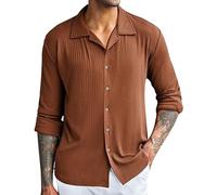 Camisa a rayas para hombre camisa de hombre monocroma de punto manga larga alta elástica suave cómoda casual camisas hombre azul oscuro, marrón, XL
