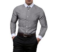 Camisa a rayas para hombre, cuello y puños blancos, camisas negras de manga larga para adultos, formal, primavera, otoño, francés, con botones, vestido de negocios, ajuste entallado con bolsillo, gris
