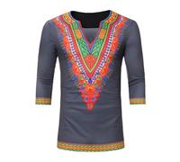 Camisa africana para hombre étnica dashiki manga 3/4 camisa cuello en V camisetas manga corta camisas tradicionales Oriente Medio Árabe trajes árabes con tops metálicos brillantes, O gris., XXL