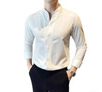 Camisa ajustada para hombre, cuello alto, estilo chino, manga larga, para ocasiones informales y sociales, primavera y otoño (2XL blanco)