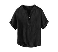 Camisa ancha de manga corta para hombre - Camisa para hombre de verano de algodón y lino Slim Camisetas casuales con botón de huats transpirable Tops cómodos, camiseta deportiva de tenis altos, Negro