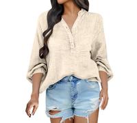 Camisa Anti UV Mujer Manga Larga Blusas Y Blusas Mujer Talla Grande Blusa con Botón Blusa Casual Alto Color Sólido Top Holgado Loungewear Plisado Camisa Exterior Ropa, beige, XXL