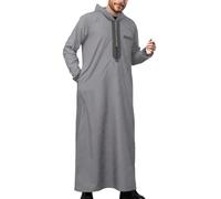 Camisa árabe musulmana casual de manga larga con bordado de corte holgado para hombre, camisa de verano transpirable para el día a día, gris, M
