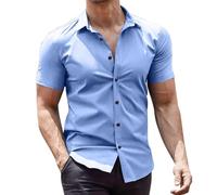 Camisa básica de manga corta con botones para hombre, de un solo color, ajuste regular, no necesita planchado, camisa de negocios casual, camisa de manga corta, camisa clásica de negocios, camisa de