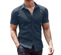 Camisa básica de manga corta con botones para hombre, de un solo color, ajuste regular, no necesita planchado, camisa de negocios casual, camisa de manga corta, camisa clásica de negocios, camisa de
