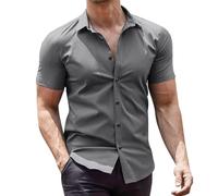 Camisa básica de manga corta con botones para hombre, de un solo color, ajuste regular, no necesita planchado, camisa de negocios casual, camisa de manga corta, camisa clásica de negocios, camisa de