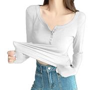 Camisa básica de manga larga para principios de otoño de corte entallado con botones y cuello redondo, Blanco, L