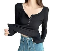 Camisa básica de manga larga para principios de otoño de corte entallado con botones y cuello redondo, Negro , L