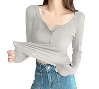 Camisa básica de manga larga para principios de otoño de corte entallado con botones y cuello redondo, Gris claro., L