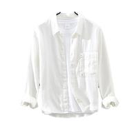 Camisa blanca de lino sólido de manga larga para hombre, camisas casuales de moda para hombre, camisa de camisola para hombre, blanco, XXL