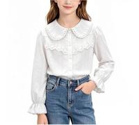 Camisa Blanca Niña,Cuello Peter Pan Camisas Elegante con Encaje Color Sólido Moda Versátil Camiseta Casual de Mangas Abullonadas Blusa Dulce Lindo para Escuela Diario y Fiesta 5-15 años