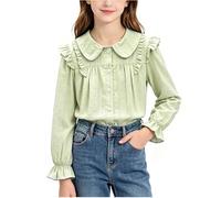Camisa Blanca Niña,Cuello Peter Pan Camisas Elegante con Volantes Color Sólido Moda Versátil Camiseta Casual de Mangas Abullonadas Blusa Dulce Lindo para Escuela Diario y Fiesta 5-15 años
