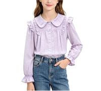 Camisa Blanca Niña,Cuello Peter Pan Camisas Elegante con Volantes Color Sólido Moda Versátil Camiseta Casual de Mangas Abullonadas Blusa Dulce Lindo para Escuela Diario y Fiesta 5-15 años